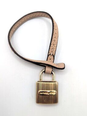 Michael Kors Gold Tone Metal Luggage Bag Tag Padlock Shape on Tan Strap VGC